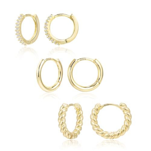 Gold Creolen Ohrringe Silber 925 Damen, 3 Paar 14K Vergoldet Schlafen Creolen Ohrringe Set mit Zirkonia Klein Hypoallergen Huggies Creolen für Damen Männer Mädchen von ALEXCRAFT