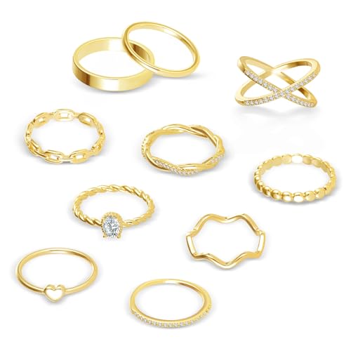 ALEXCRAFT 10 Stück Ringe Damen Gold 14 Karat Vergoldet Ring Set 52MM von ALEXCRAFT