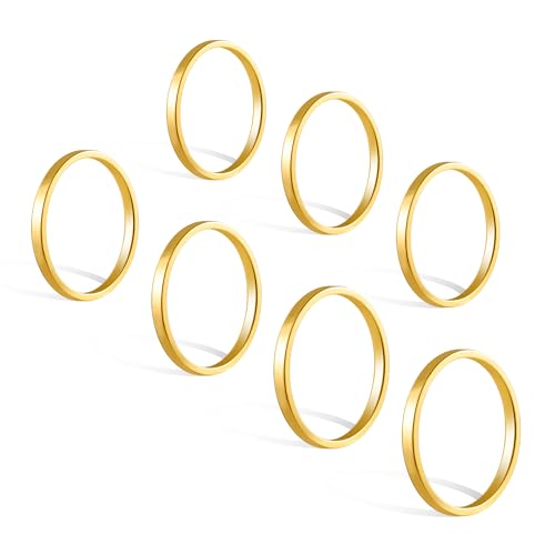 ALEXCRAFT 18K Gold Ringe Set für Damen Herren Edelstahl Knöchelringe Stapelbarer Ring Midi Ringe Minimalistischer Fingerringe Set 7 Stück 2MM von ALEXCRAFT