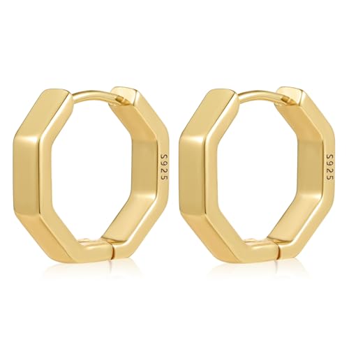 ALEXCRAFT Dick Hexagon Ohrringe Gold Creolen Klein Damen 14K Goldener Ohrringe Vergoldete Geschenk für Frauen Freundin Mama Mädchen von ALEXCRAFT