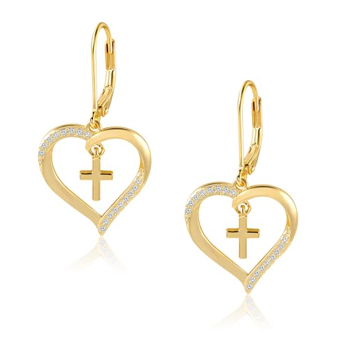 ALEXCRAFT Kreuz Herz Ohrringe Gold Hängend Leverback 14K Goldene Creolen Damen Geschenk für Frauen Freundin Mama Mädchen von ALEXCRAFT