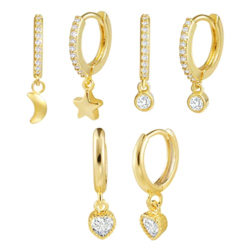 Creolen Ohrringe mit Anhänger für Damen, 3 Paar Gold Hängende Creolen Ohrringe mit Stern Mond Zirkonia, Gold Ohrringe Set Schmuck für Frauen Damen von ALEXCRAFT