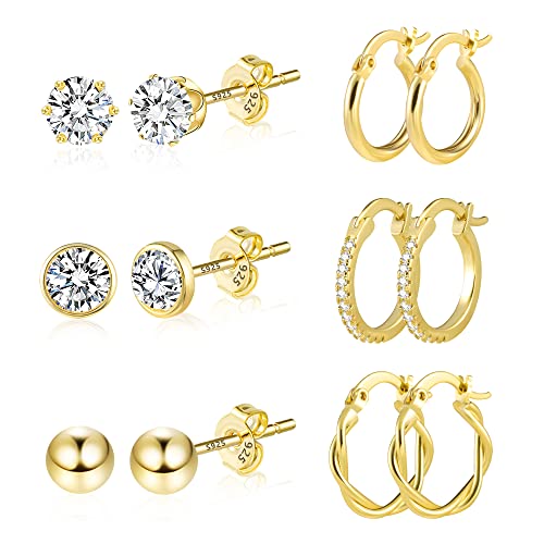 Gold Ohrringe Set, Multi Kleine Gold Creolen AAA+ Diamant Zirkonia Ohrstecker Ohrringe Set, 6 Paar 14K Echt Vergoldete Hypoallergen 925 Knorpel Huggie Creolen Ohrringe Mini Kugel Ohrstecker Gold von ALEXCRAFT