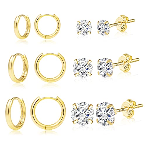 ALEXCRAFT Gold Ohrringe Set Damen, Kleine Gold Creolen AAA+ Diamant Zirkonia Ohrstecker Ohrringe Set, 6 Paar 14K Echt Vergoldete Hypoallergen 925 Knorpel Huggie Creolen Ohrringe Mini Kugel Ohrstecker von ALEXCRAFT