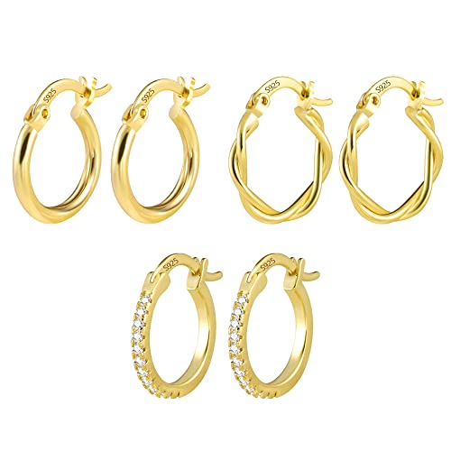 Ohrringe Creolen Gold, 3Paar Damen Ohrringe Gold Set Silber 925 Creolen Oval Klein Gold Creolen Set Hypoallergen Schlafen Kreolen 14K Vergoldet Creolen Oval Gefaltete Ohrringe Schmuck Damen Männer von ALEXCRAFT