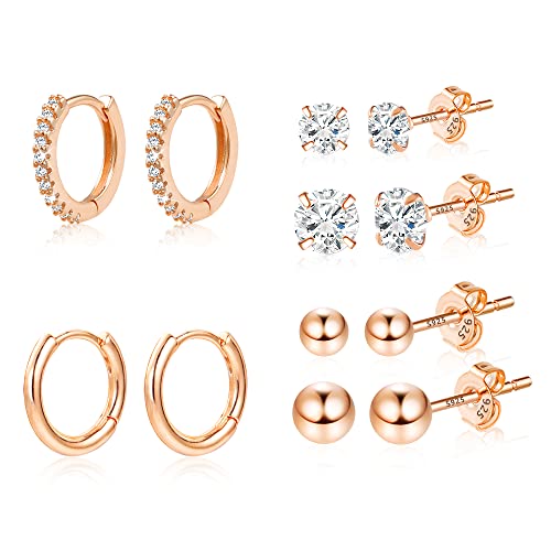 Ohrringe Set Roségold, Sterling Silber 925 Ohrringe für Damen, 6Paar 14K Vergoldete Ohrringe Creolen Kleine Ohrstecker mit AAA+ Zirkonia, Hypoallergen Creolen Ohrringe Roségold für Damen Mädchen von ALEXCRAFT