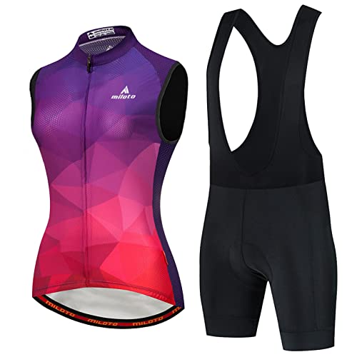 Fahrradtrikot Damen Sommer|Radweste Anzug Fahrradbekleidung Frauen Ärmellos|Radtrikot Fahrradweste Set,Atmungsaktiv MTB Radsportanzug Sleeveless Oberteil und Radhose mit 19D Gel Sitzpolster(1,M) von ALIHONG