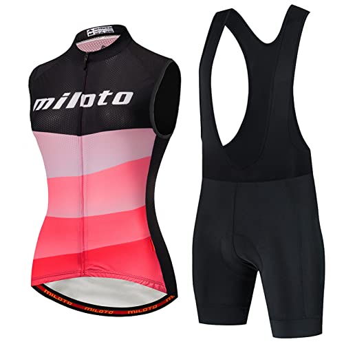 Fahrradtrikot Damen Sommer|Radweste Anzug Fahrradbekleidung Frauen Ärmellos|Radtrikot Fahrradweste Set,Atmungsaktiv MTB Radsportanzug Sleeveless Oberteil und Radhose mit 19D Gel Sitzpolster(6,L) von ALIHONG