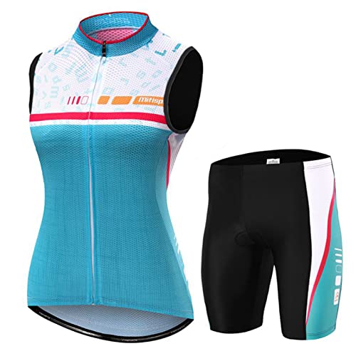 Fahrradtrikot Damen Sommer|Radweste Anzug Fahrradbekleidung Frauen Ärmellos|Radtrikot Fahrradweste Set,Atmungsaktiv MTB Radsportanzug Sleeveless Oberteil und Radhose mit 19D Gel Sitzpolster(9,M) von ALIHONG