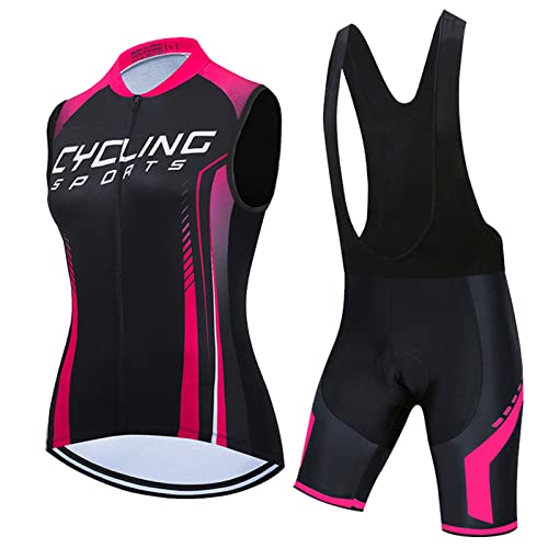 Radsportanzug Damen Sommer|Radtrikot Ärmellos Set Fahrradweste Anzug|Fahrradbekleidung Radweste Frauen,Atmungsaktiv MTB Fahrradtrikot Sleeveless Oberteil und Radhose mit 19D Gel Sitzpolster(1,S) von ALIHONG