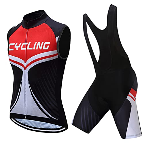 Radsportanzug Herren Sommer|Radtrikot Ärmellos Set Fahrradweste Anzug|Fahrradbekleidung Radweste Männer,Atmungsaktiv MTB Fahrradtrikot Sleeveless Oberteil und Radhose mit 19D Gel Sitzpolster(10,L) von ALIHONG