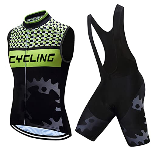 Radsportanzug Herren Sommer|Radtrikot Ärmellos Set Fahrradweste Anzug|Fahrradbekleidung Radweste Männer,Atmungsaktiv MTB Fahrradtrikot Sleeveless Oberteil und Radhose mit 19D Gel Sitzpolster(11,XL) von ALIHONG