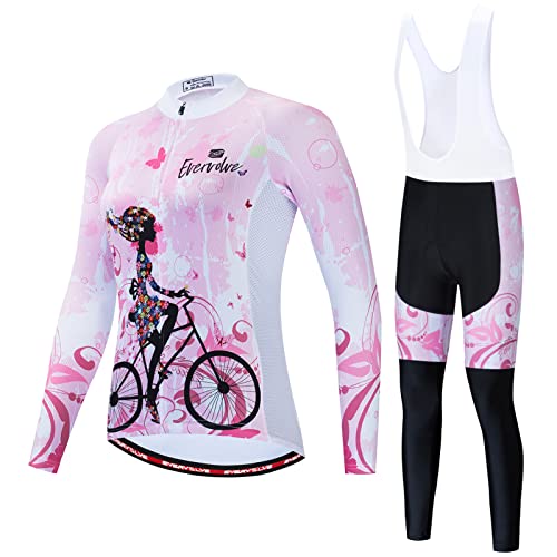 Radtrikot Damen Langarm|Fahrradbekleidung Frauen|Radsportanzug Set,MTB Fahrradtrikot Cycling Oberteil und Radhose mit 19D Gel Sitzpolster,Bike Bekleidung Rennrad Atmungsaktiv Schnell Trocknen(11,M) von ALIHONG