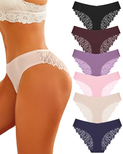 ALL OF ME 6er Pack Seamless Unterwäsche Damen Slip Nahtlos Spitzen Slips Frauen Unterhosen Spitze Sexy V Waisted Panties Bequem Brazilian Hipster Mehrpack S-XL von ALL OF ME