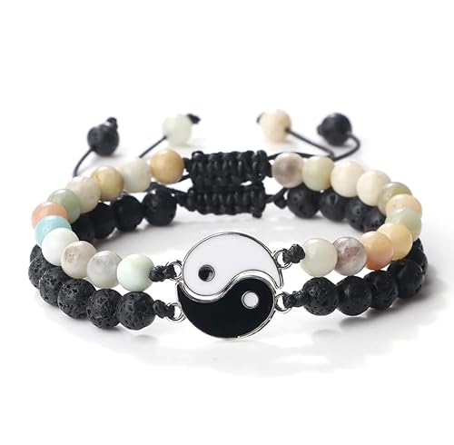 ALOEU 2 Stück/Set 6 mm Yin Yang Tai Chi Naturstein-Charm-Armbänder, verstellbar, handgefertigt, geflochtene Armbänder für Paare, Freundschaft, Perlen, modische Armreifen, Damen, Herren, Geschenk, von ALOEU