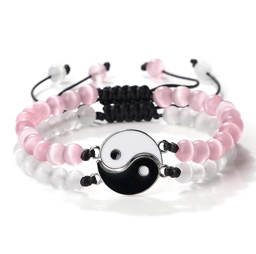 ALOEU 2 Stück/Set 6 mm Yin Yang Tai Chi Naturstein-Charm-Armbänder, verstellbar, handgefertigt, geflochtene Armbänder für Paare, Freundschaft, Perlen, modische Armreifen, Damen, Herren, Geschenk, von ALOEU