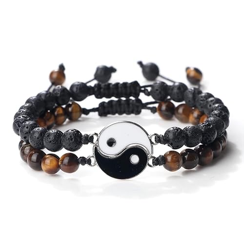 ALOEU 2 Stück/Set 6 mm Yin Yang Tai Chi Naturstein-Charm-Armbänder, verstellbar, handgefertigt, geflochtene Armbänder für Paare, Freundschaft, Perlen, modische Armreifen, Damen, Herren, Geschenk, von ALOEU