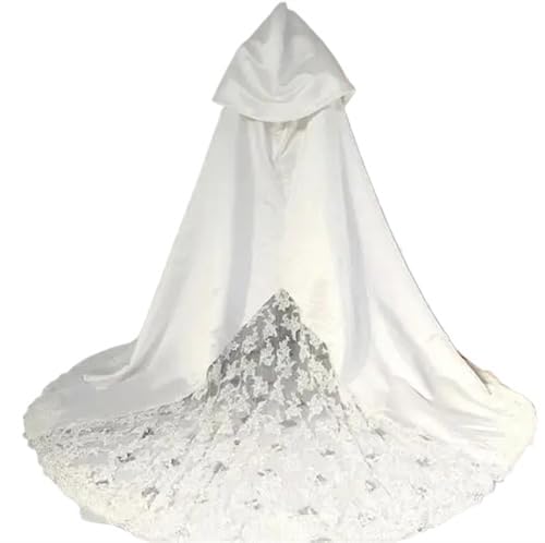 ALOEU Winter-Hochzeit mit Kapuze, Spitze, langer Umhang, Satin, Brautschal, warmer Mantel, Hochzeitsumhang (Color : Ivory, Size : 1SIZE) von ALOEU