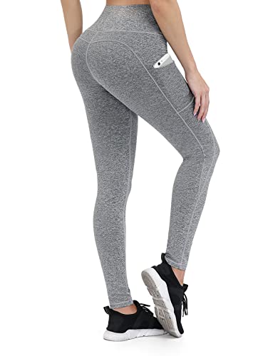 ALONG FIT Leggings Damen Lang mit Taschen Blickdichte Sporthose Damen High Waist Elastische Dehnbare Yogahosen Fitness Sport Leggings mit Bauchkontrolle Figurformende Weiche Laufhose Kohlengrau XL von ALONG FIT