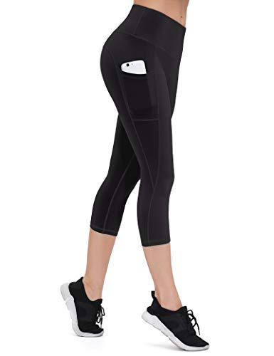 ALONG FIT Damen Capri Leggings 3/4 mit Handytasche High Waist Blickdichte Sporthose Hohe Taille Gym Leggings Bauchweg Yogahose für Fitness Joggen Schwarz XXL von ALONG FIT