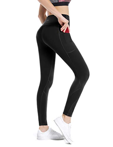 ALONG FIT Leggings Damen mit Taschen, Nicht durchsichtig Sporthose Damen Dehnbar Yogahosen für Damen, Hoch Tailliert-schwarz, L von ALONG FIT