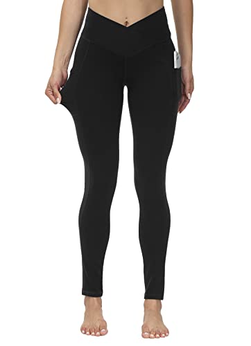 ALONG FIT Sport Leggings Damen V Cross Waist Yogahose Sporthose Damen Tummy Control Gym High Waist Workout Leggings Mit Taschen Blickdicht Laufhose Schwarz L von ALONG FIT