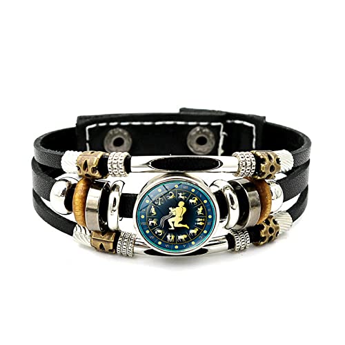 ALTCIRNMD Leuchtende Zwölf Sternbilder Armband - Zeit Edelstein Sternzeichen Armreifen Retro Verstellbares Leder Perlen Armband,Charm Chic Schmuck Männer Frauen Viel Glück Accessoires,Wassermann von ALTCIRNMD