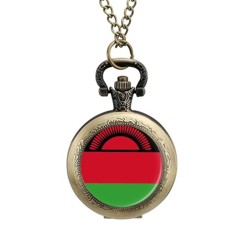 Retro/Vintage Mechanische Taschenuhr,Rotes Sonnenaufgangsmuster,Flaggendesign Der Republik Malawi,Runde Halskette Mit Anhänger Für Männer Und Frauen – Geschenk Zum Geburtstag,Jahrestag,Weihna von ALTCIRNMD