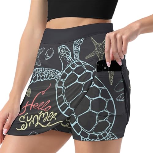 ALTQPG Schildkröten-Seestern Damen Tennisrock Mit Hose Minirock Golfrock Hosenrock Sommerrock Tennis Skort Laufrock Mit Taschen von ALTQPG