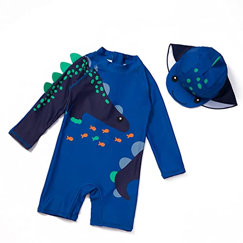 ALUCIC Jungen Badeanzug Bademode Schwimmanzug Baby Kinder Einteiler UV-Schutz Badebekleidung mit Sonnenhut(Blau, 110-116) von ALUCIC