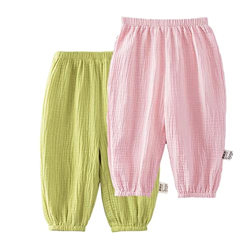 Baby leichte Lange Hose Anti-Moskito Bloomers Baumwolle Klimahose Jungen Mädchen Sommerhose 2er Pack(Grün-Rosa, 110-116) von ALUCIC