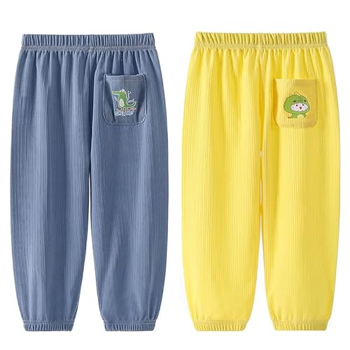 Baby leichte Lange Hose Anti-Moskito Bloomers Baumwolle Pumphose Haremshose Jungen Mädchen Sommerhose 2er Pack(Blau-Gelb, 110-116) von ALUCIC