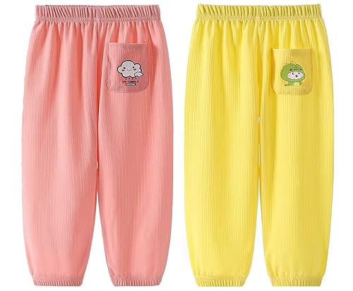 Baby leichte Lange Hose Anti-Moskito Bloomers Baumwolle Pumphose Haremshose Jungen Mädchen Sommerhose 2er Pack(Rosa-Gelb, 104-110) von ALUCIC