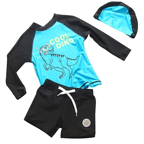 Kinder Jungen Baby Bademode Badeanzug Langarm UV-Schutz Dinosaurier Bade-Set T-Shirt Badeshorts Schwimmkleidung Surfanzug mit Badekappe Blau 104/110 von ALUCIC