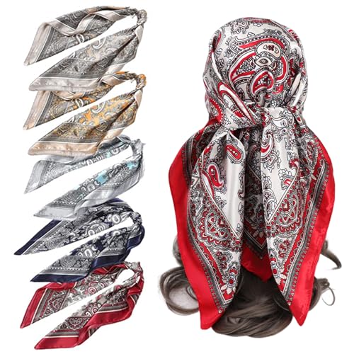 ALUYF 5 Stück Schön Kopftuch Damen,Quadratische Schals für Damen,Stilvolle Seidentuch Kopftücher,60 * 60CM, Drucken Bandana damen,Glatter Seidenschal Damen Hijab Schals,Seidig und hautfreundlich von ALUYF