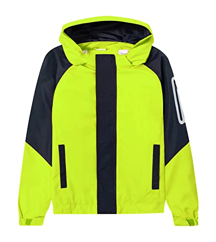 ALXHUTE Kinder Regenjacke Jungen Mädchen Jacke Frühling Übergangsjacke Wasserdicht Windjacke mit abnehmbarer Kapuze Leuchtendes Grün DE: 128-134 (Herstellergröße 130) von ALXHUTE