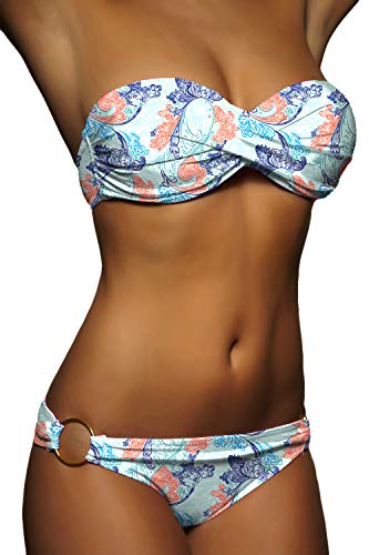 ALZORA Push Up Bandeau Twist Bikini Set Damen Pushup Badeanzug viele Bunte Farben und Größen Top + Hose Set, 50001 (S, A26) von ALZORA