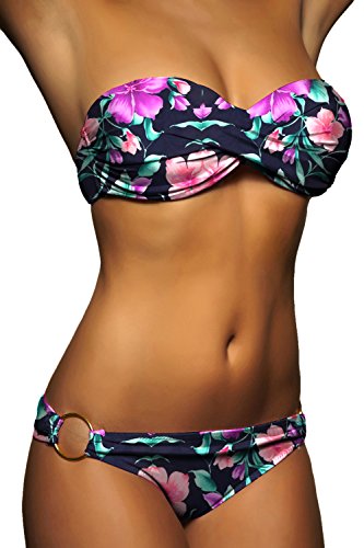 ALZORA Push Up Front Twist Bikini in DUNKEL BLAU Rosa Lila Blumen Bandeau Top Set Damen Pushup Badeanzug, 20088 (M) von ALZORA