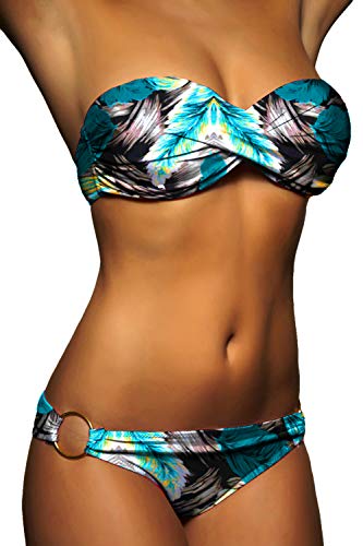 ALZORA Twist Push Up Bandeau Bikini Set Schwarz Türkis Feder Damen Pushup Badeanzug 2019007 (M) von ALZORA