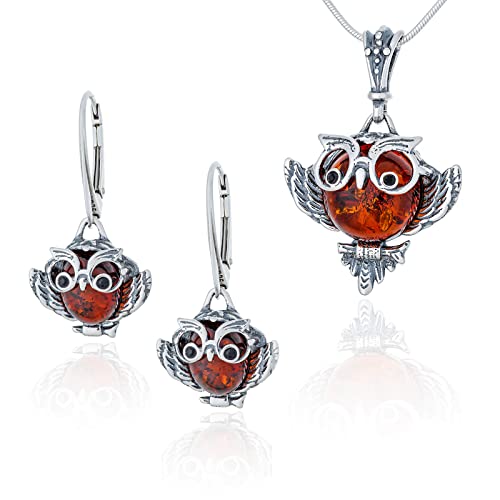 AMBEDORA Damen Schmuckset Weise Eule, Oxidiertes Sterling Silber, Baltischer Bernstein in Cognac Farbe, Silber Anhänger mit Kette und Ohrringe von AMBEDORA