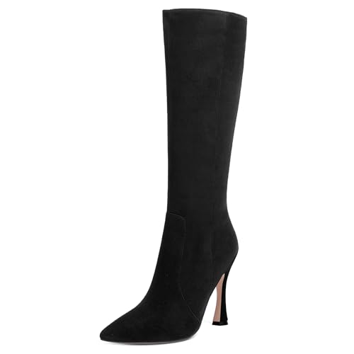 AMBELIGHT Damen-Stiefel, einfarbig, lässig, Wildleder, Reißverschluss, spitzer Zehenbereich, Stiletto, hoher Absatz, kniehohe Stiefel, 10,2 cm, Schwarz , 42.5 EU von AMBELIGHT