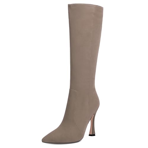 AMBELIGHT Damen-Stiefel, einfarbig, lässig, Wildleder, Reißverschluss, spitzer Zehenbereich, Stiletto, hoher Absatz, kniehohe Stiefel, 10,2 cm, khaki, 40.5 EU von AMBELIGHT