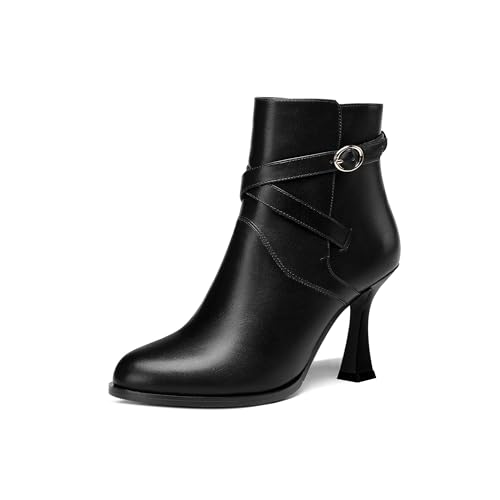 AMBELIGHT Damen-Stiefel, rund, matt, Knöchelriemen, niedliche Schnalle, Spule, hoher Absatz, 8,4 cm, Schwarz , 39.5 EU von AMBELIGHT