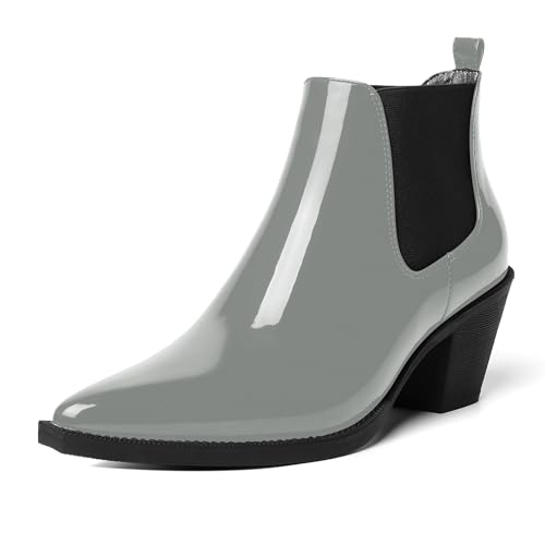 AMBELIGHT Damen-Stiefel mit spitzem Zehenbereich, zum Hineinschlüpfen, Nachtclub, Patent, niedlich, Blockabsatz, knöchelhoch, 5,8 cm, Grau / Schwarz, 41 EU von AMBELIGHT