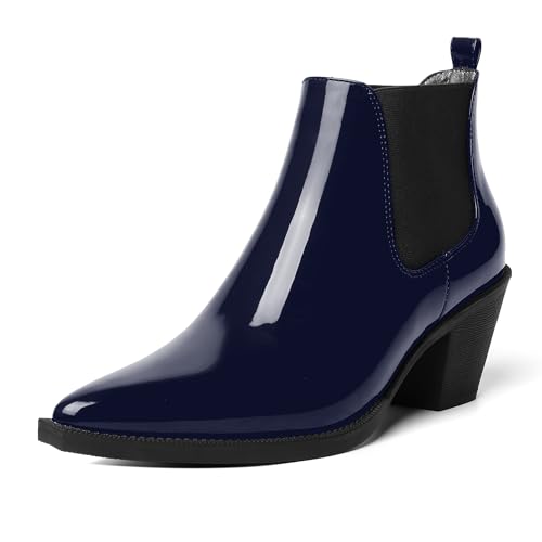 AMBELIGHT Damen-Stiefel mit spitzem Zehenbereich, zum Hineinschlüpfen, Nachtclub, Patent, niedlich, Blockabsatz, knöchelhoch, 5,8 cm, Marineblau, Schwarz, 41 EU von AMBELIGHT