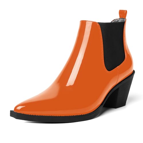 AMBELIGHT Damen-Stiefel mit spitzem Zehenbereich, zum Hineinschlüpfen, Nachtclub, Patent, niedlich, Blockabsatz, knöchelhoch, 5,8 cm, Orange / Schwarz, 39 EU von AMBELIGHT