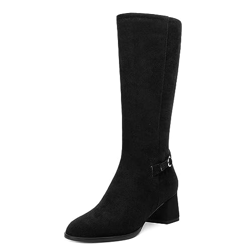 AMBELIGHT Damenstiefel mit rundem Zehenbereich, Reißverschluss, solides Wildleder, klobig, niedriger Absatz, wadenhoch, 5,1 cm, Schwarz , 42.5 EU von AMBELIGHT