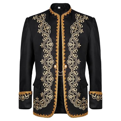 AMCOIN Herren Prinz Kostüm Blazer Steampunk Frack Mantel Männer Schwarzgold Bestickter Smoking Festlich Mittelalter Viktorianischen Retro Jacke (Goldfarbenes Kleid - schwarz,L) von AMCOIN