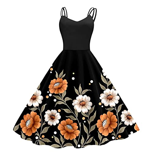 Baumwoll-Sommerkleider für Damen, Vintage-Cocktailkleider für Damen, ärmellos, knielang, Retro, A-Linie, ausgestellt, Swing, formelles Abschlussball-Partykleid, Surplice-Kleid für Damen, Orange, M Baumwoll-Sommerkleider für Damen, Vintage-Cocktailkleider für Damen, ärmellos, knielang, Retro, A-Linie, ausgestellt, Swing, formelles Abschlussball-Partykleid, Surplice-Kleid für Damen, Orange, M von AMDOLE
