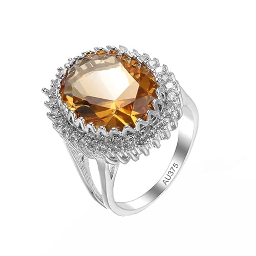 AMDXD 9 Karat 375 Weiß Gold Solitärring, Klassisch Partnerringe mit Citrin Champagner, Moissanit Verlobungsring 9K Gold, Echtschmuck, Gr.57 (18.1) von AMDXD